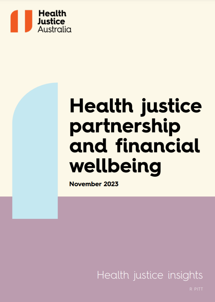 Cover page of the Health Justice partnership and financial wellbeing report by Health Justice Australia