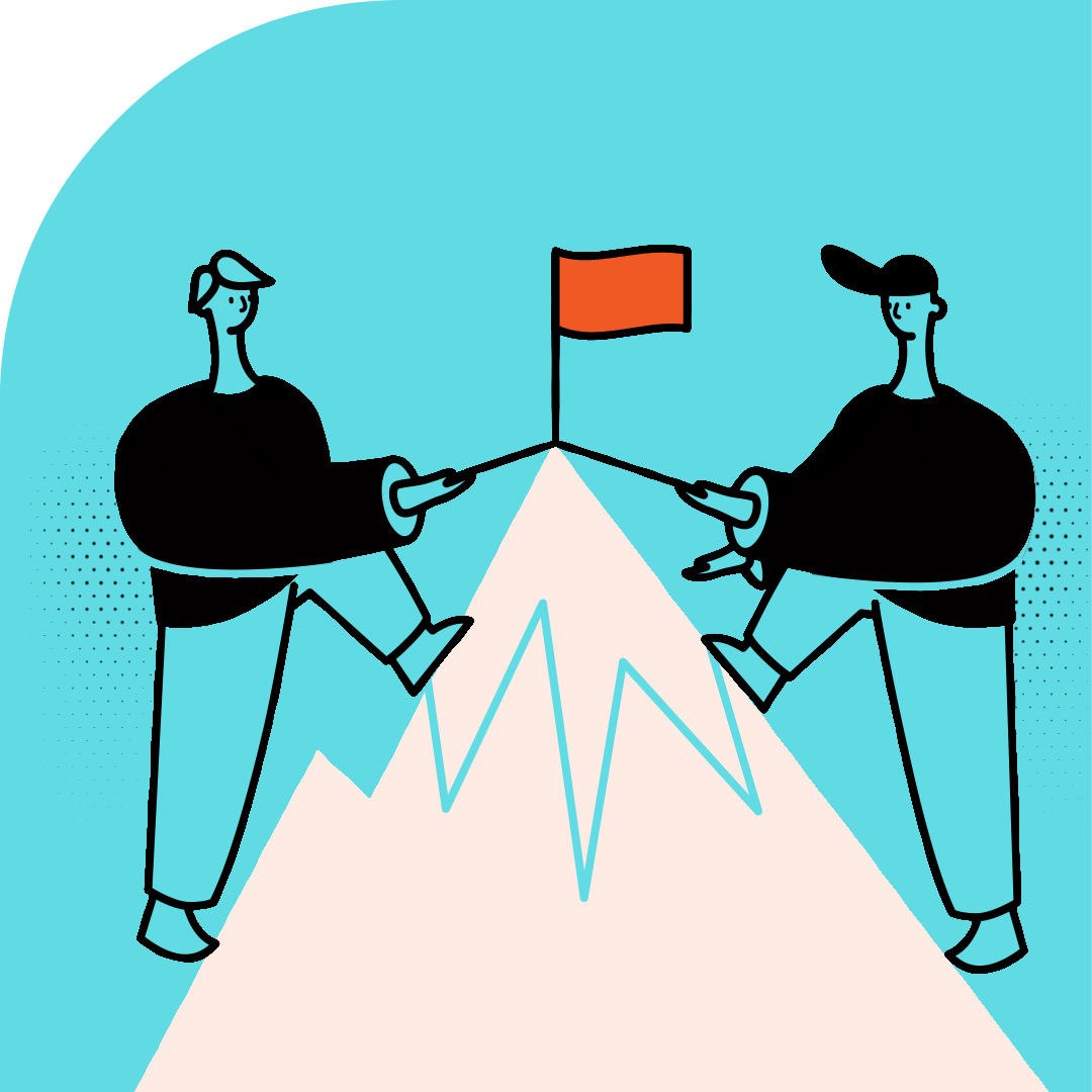 Cartoon illustration of two people stepping onto the peak of a mountain with a flag on top.