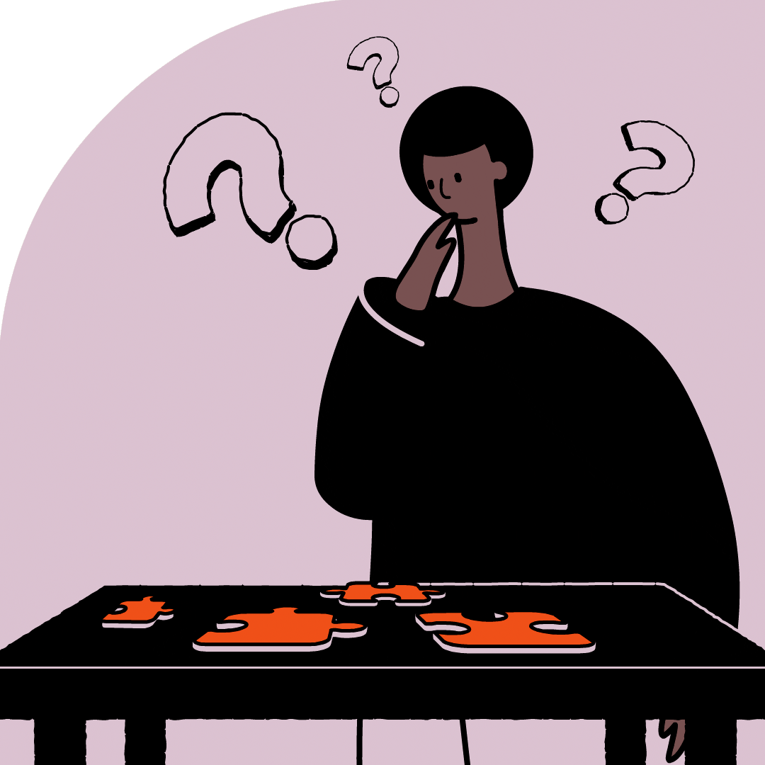 A cartoon illustration of a person looking down in confusion at some puzzle pieces on a table. There are animated floating question marks around their head.