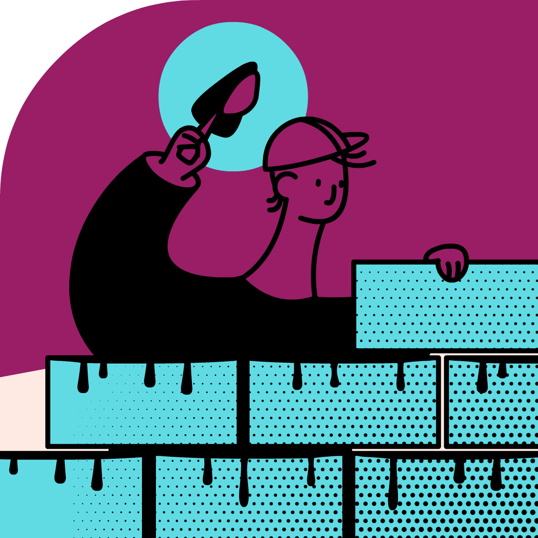 Animation of a person putting cement on a brick wall.