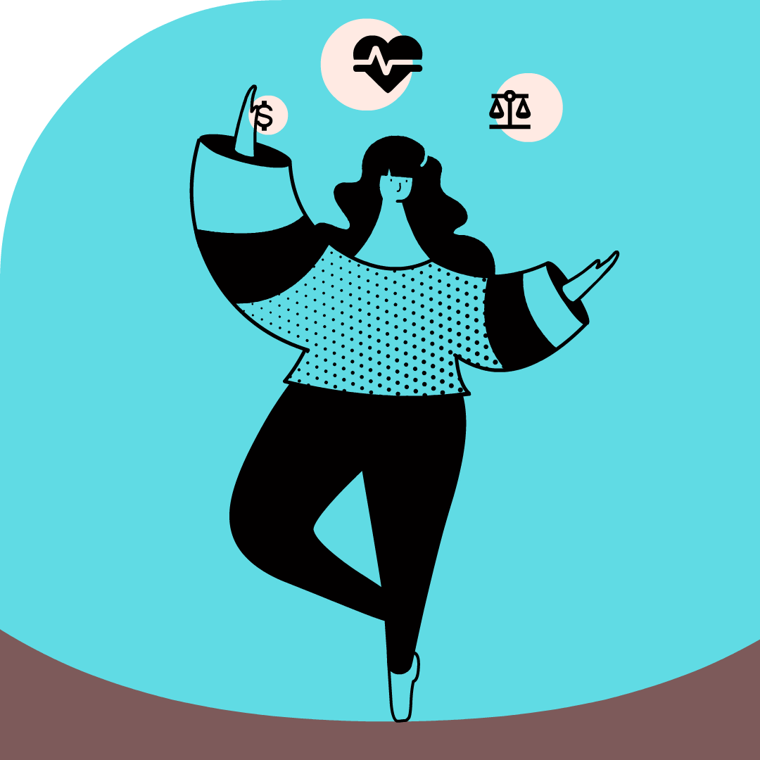 Animation of a person on a tightrope juggling symbols: dollar sign, heart rate symbol, justice scales symbol
