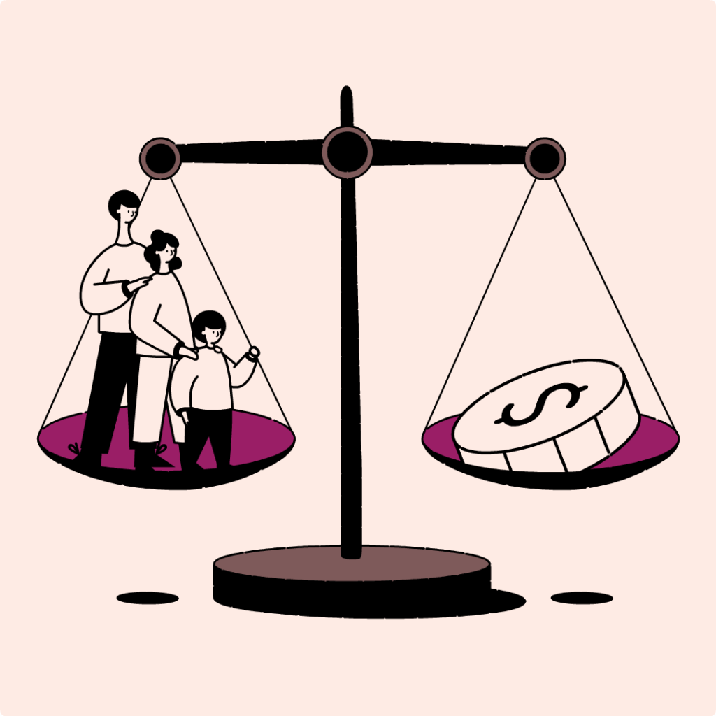 A scale evenly balancing a coin with a dollar sign, with a family of three people on the other side.