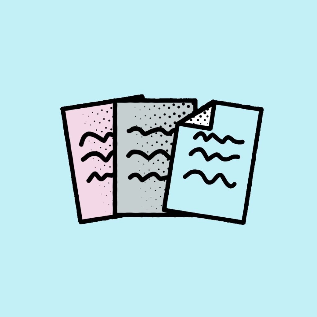 Cartoon of three pieces of paper with writing on them