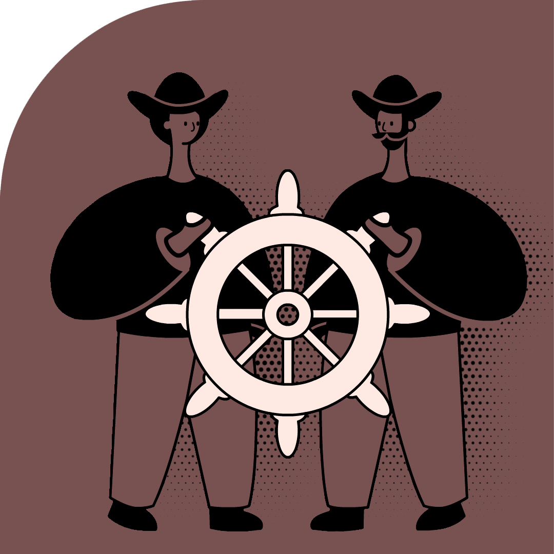 Contemporary illustration of two people with their hands on a ship's wheel