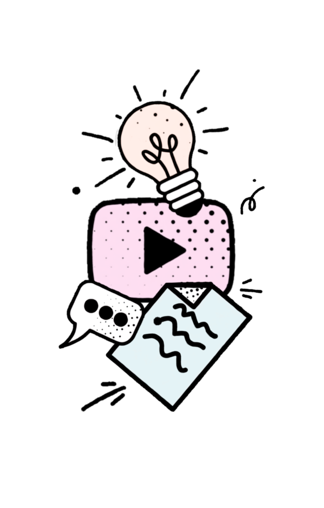 Contemporary illustration showing a variety of media types including a video, lighbulb, document and speech bubble