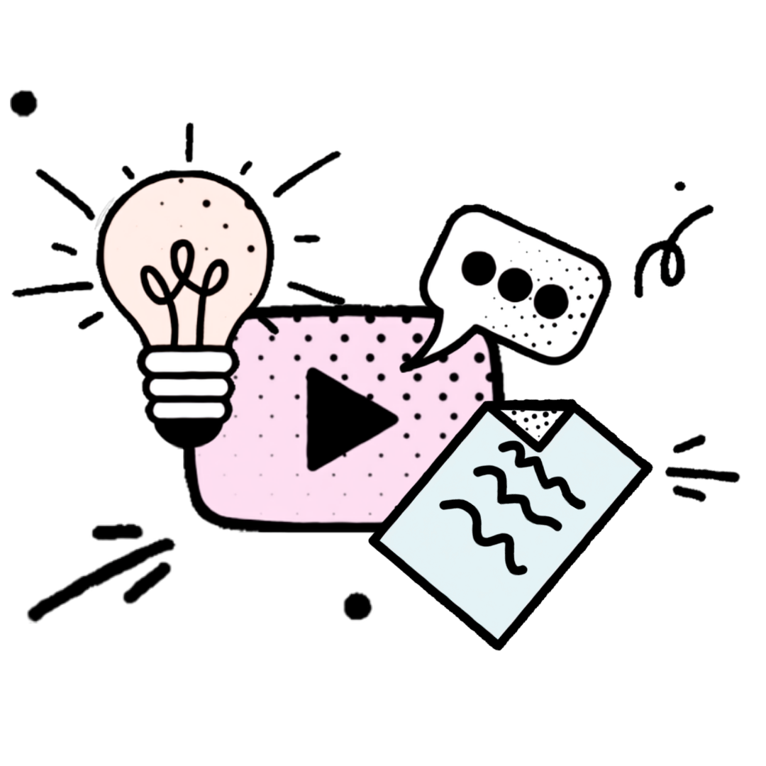 Contemporary illustration showing a variety of media types including a video, lighbulb, document and speech bubble